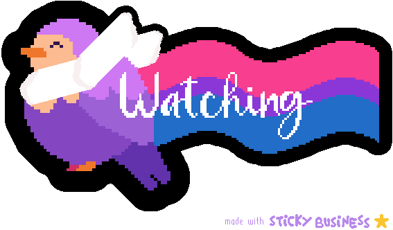 pixel art made in the game Sticky Business. a purple bird wearing a white scarf. a wavy bi pride flag flutters behind it. the image is labeled with the word "watching", as in bird watching.