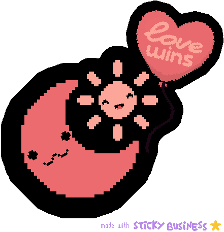 pixel art made in the game Sticky Business. a pink sun and moon look lovingly at each other. they're holding a heart-shaped balloon that says "love wins".