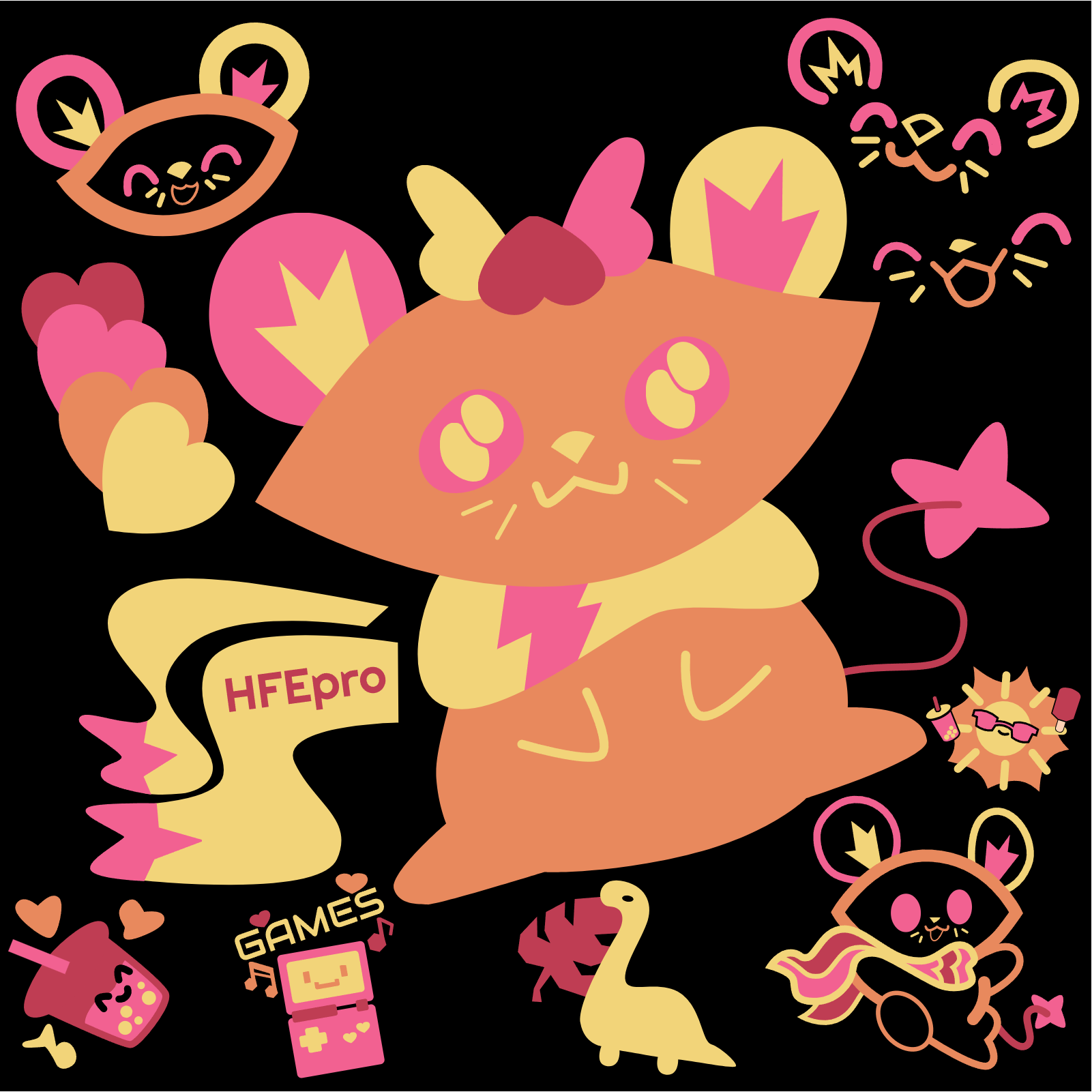 Chu: an orange mouse with a yellow and pink scarf, a four-pointed star tail, and starburst-like fur in his ears.  in the main image, Chu has his hands on his belly like a Hamtaro character.  in a smaller corner image, he's seen jumping with a pink, red, and yellow scarf.  boba tea, a GBA SP, a sunglasses-wearing sun, and a leaf-eating dino fill the void around him.  Chu is also shown with various excited expressions in smaller, outline-only images around him.