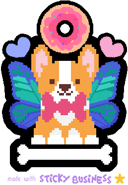 pixel art made in the game Sticky Business. a bowtied corgi with butterfly wings. a donut floats above it while a bone floats below it. pastel blue and pink hearts beside its ears.