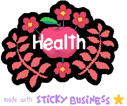 pixel art made in the game Sticky Business. an apple captioned "health" with red flowers poking out from behind it. pink, leafy plants surround it.