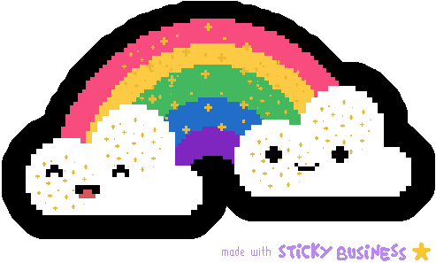 pixel art made in the game Sticky Business. two smiling, glittery clouds hold up a rainbow.