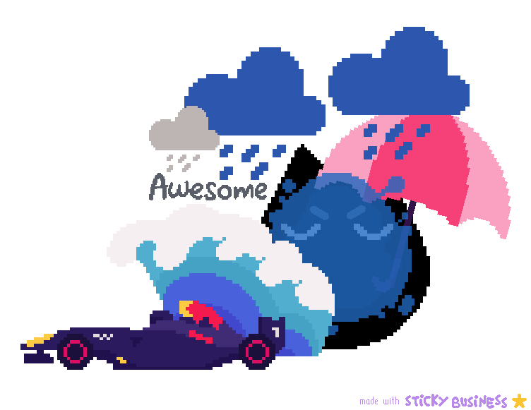 pixel art made in the game Sticky Business. black cat gets splashed by a race car in the rain. cat is sarcastically saying "awesome".